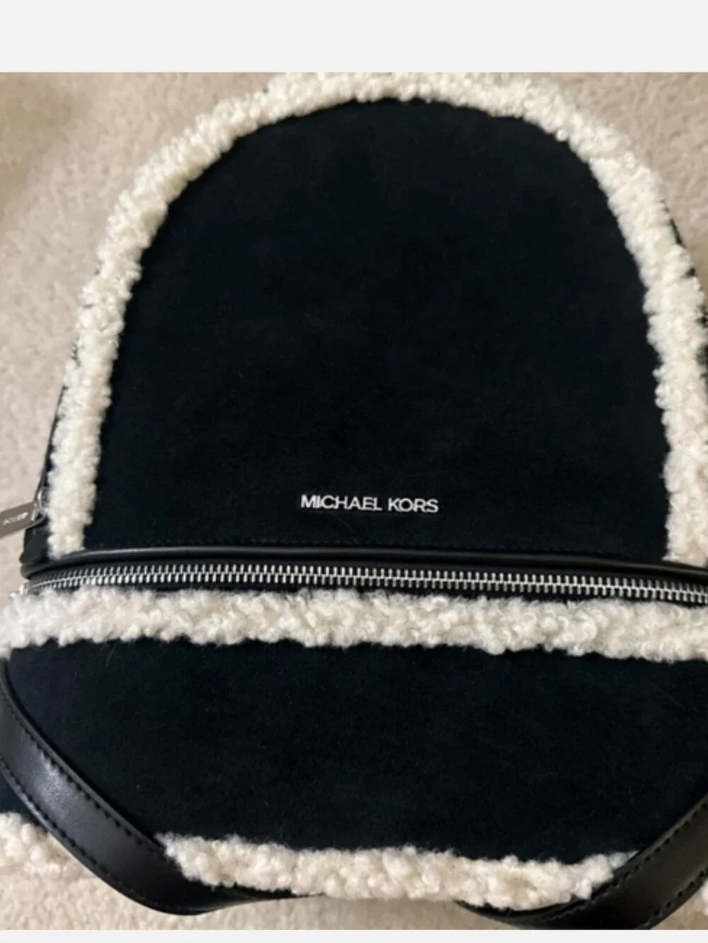 Michael Kors Rhea Black Suede Leather Backpack with Cream Shearling Trim NWT
